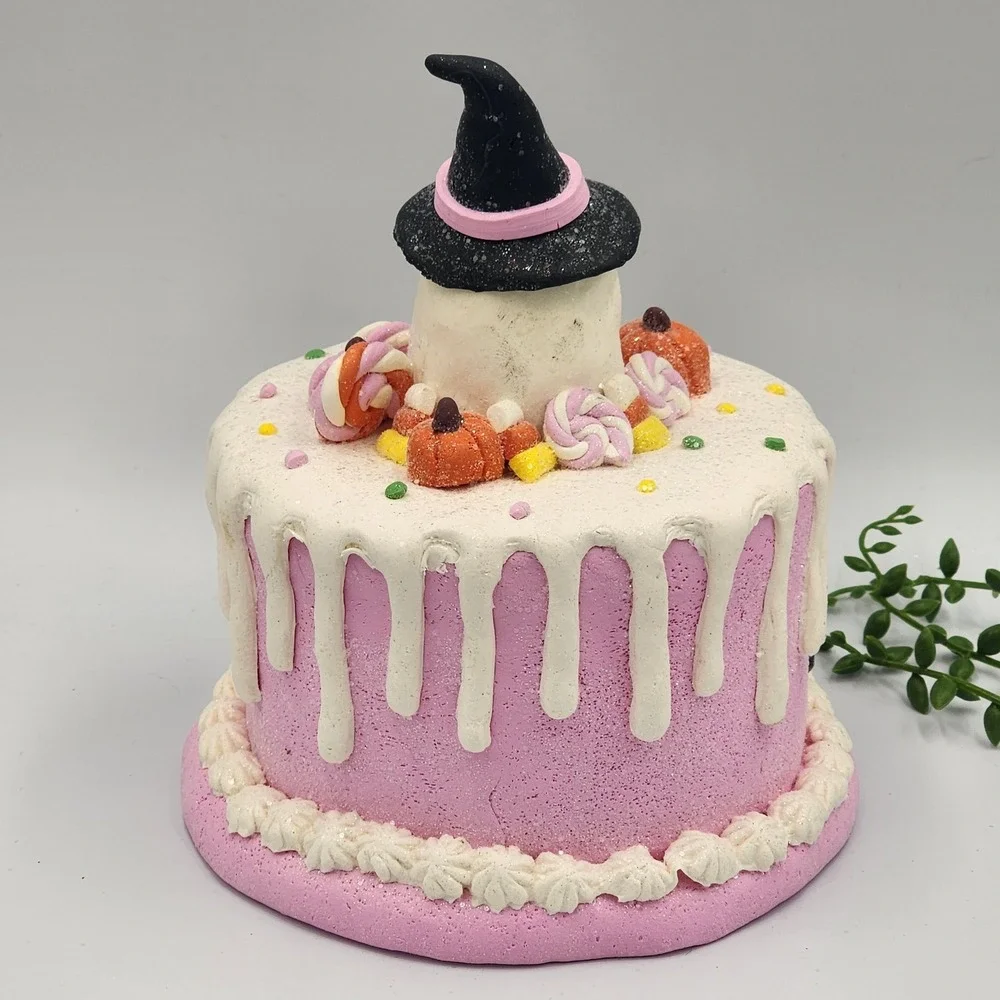 Halloween Gingerbread Faux Cake Pink Ghost Witch Hat Candy Pumpkins Spiders 8